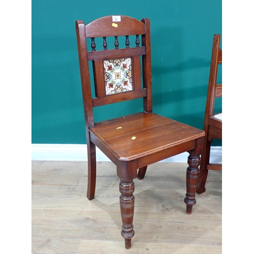 37 - An Edwardian mahogany and inlaid Corner Chair and a Victorian Hall Chair with tile back