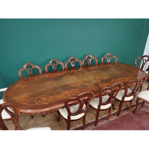 381 - A modern Italian walnut and marquetry veneered double pedestal Dining Table with carved frieze 9ft 8... 