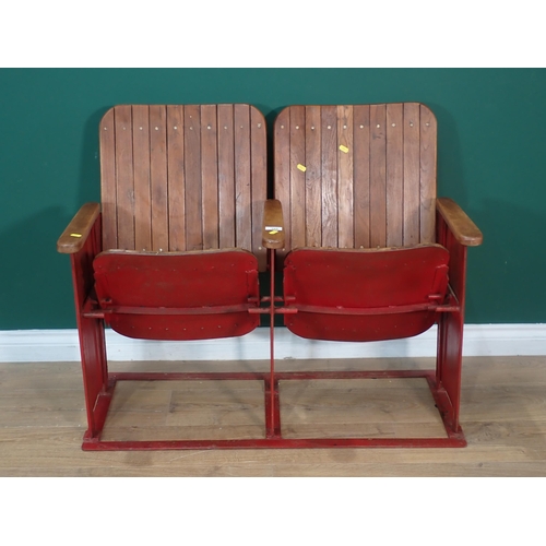 389 - A double stained wood Cinema Chair with folding seats 3ft 2in W x 2ft 7in H