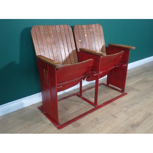 389 - A double stained wood Cinema Chair with folding seats 3ft 2in W x 2ft 7in H