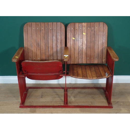 389 - A double stained wood Cinema Chair with folding seats 3ft 2in W x 2ft 7in H