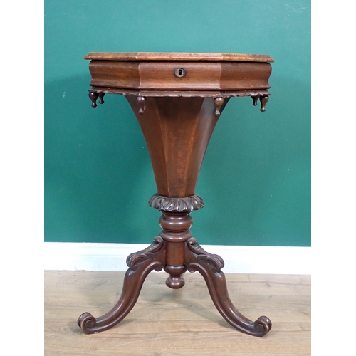 39 - A Victorian walnut octagonal trumpet Sewing Table on scroll tripod supports 2ft 7in H x 1ft 8in W