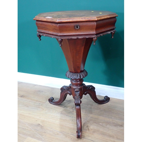 39 - A Victorian walnut octagonal trumpet Sewing Table on scroll tripod supports 2ft 7in H x 1ft 8in W