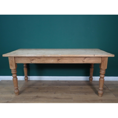 393 - A pine scrub top Farmhouse Kitchen Table on turned supports 6ft L x 2ft 6in H