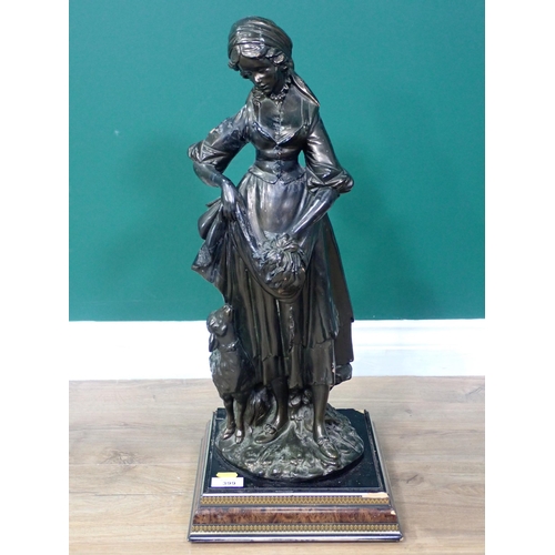 399 - A bronze effect Sculpture of a Shepherdess on walnut veneered and gilded square base 2ft H