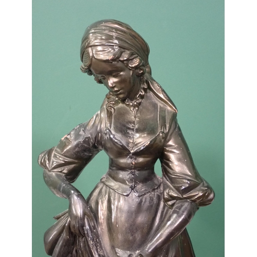 399 - A bronze effect Sculpture of a Shepherdess on walnut veneered and gilded square base 2ft H