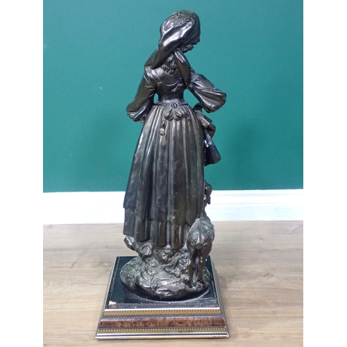 399 - A bronze effect Sculpture of a Shepherdess on walnut veneered and gilded square base 2ft H