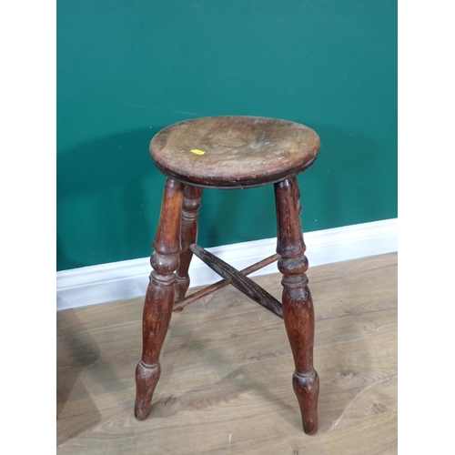 4 - Two boarded elm Stools, an elm circular Stool on turned supports on X-frame stretcher and a child's ... 