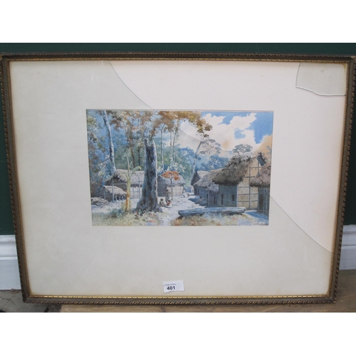 401 - E. RALAMBO. Figures in an African Village, signed, watercolour, 9 x 12½in,