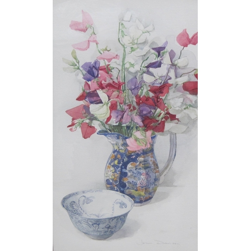 412 - JOHN DAVISON. Still lifes depicting flowers and porcelain, signed, watercolours, 24 x 12½, a pair; a... 