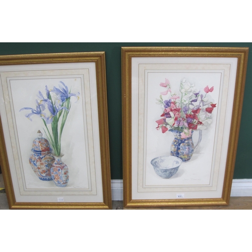 412 - JOHN DAVISON. Still lifes depicting flowers and porcelain, signed, watercolours, 24 x 12½, a pair; a... 