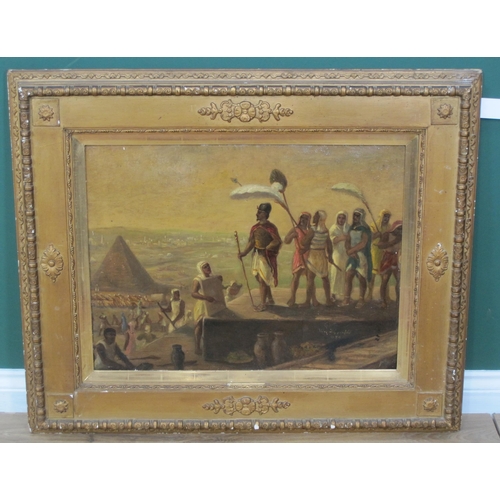 421 - FOLLOWER OF FREDERICK GOODALL. ' A Pharoah overseeing the Building of Pyramids', indistinctly signed... 