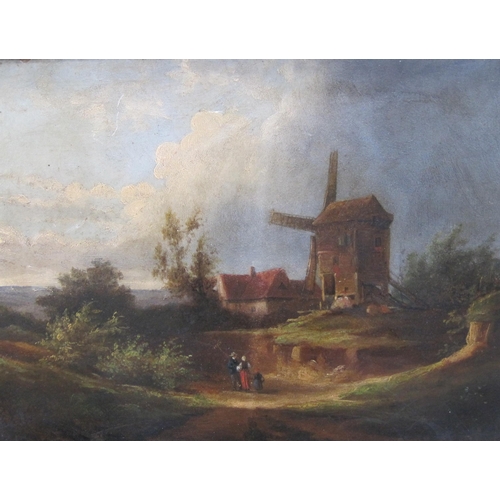 423 - ENGLISH SCHOOL, NINETEENTH CENTURY. Figures on a track by a windmill, oil on panel, 10 x 14½in; toge... 