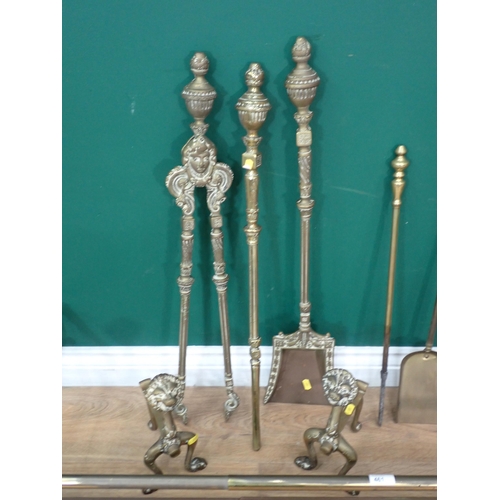 461 - A Victorian brass Fender, set of Aesthetic movement brass Fire Irons and another Set in brass Basket... 