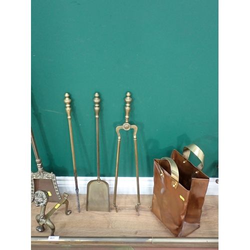 461 - A Victorian brass Fender, set of Aesthetic movement brass Fire Irons and another Set in brass Basket... 