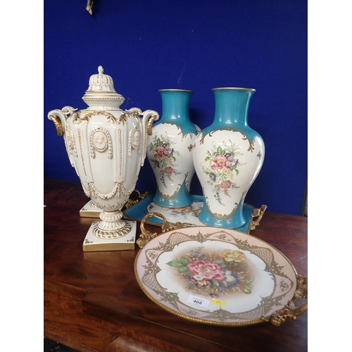 468 - A pair of modern blue ground Baluster Vases with reserves of flowers, a ceramic Tray with gilded met... 