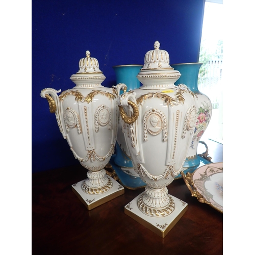 468 - A pair of modern blue ground Baluster Vases with reserves of flowers, a ceramic Tray with gilded met... 