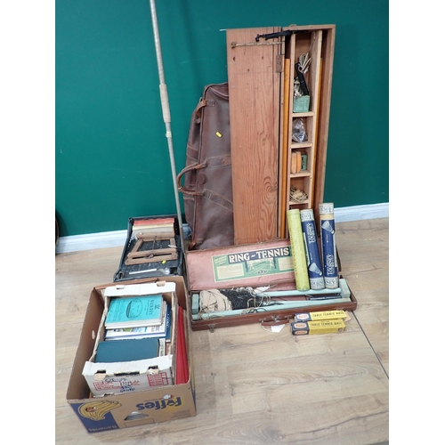 479 - Four boxes of Motoring Books, Kitchenalia, boxed Coffee Mill, Shuttlecocks, leather Cases and a Jave... 