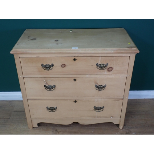 490 - An Edwardian pine Chest of three long drawers 2ft 11in W x 2ft 7in H