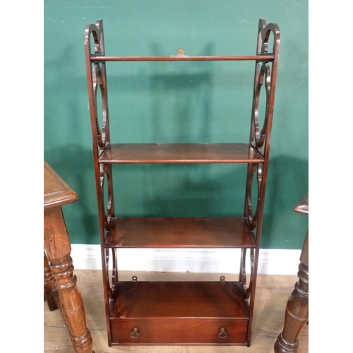 493 - A set of mahogany Wall Shelves fitted single drawer and two reproduction oak Joint Stools in the 17t... 