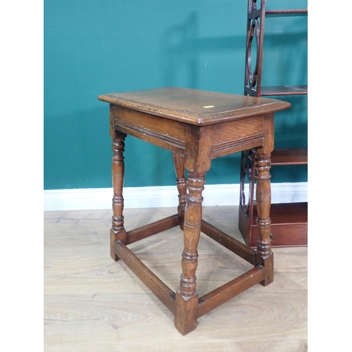 493 - A set of mahogany Wall Shelves fitted single drawer and two reproduction oak Joint Stools in the 17t... 