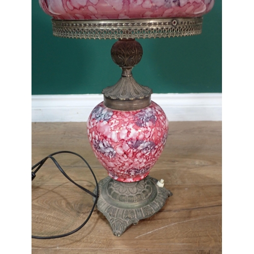 498 - A pink glass Table Lamp and shade on brass base 1ft 11in H, failed PAT, faulty flex