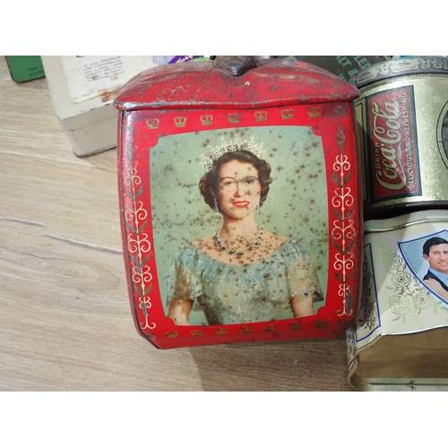 505 - A box of Tins including Queen Elizabeth II Coronation, Coke Lunch Box, Charles and Diana Wedding, et... 