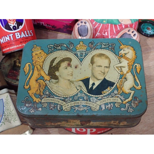 505 - A box of Tins including Queen Elizabeth II Coronation, Coke Lunch Box, Charles and Diana Wedding, et... 