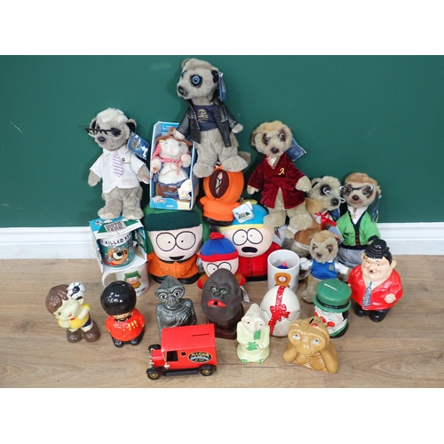 510 - Two boxes of South Park and Meerkat Soft Toys, Mugs and Money Boxes, etc.