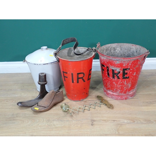 52 - Two metal Fire Buckets, an enamel lidded Bin, a brass Candle Sconce and two metal Shoe Lasts