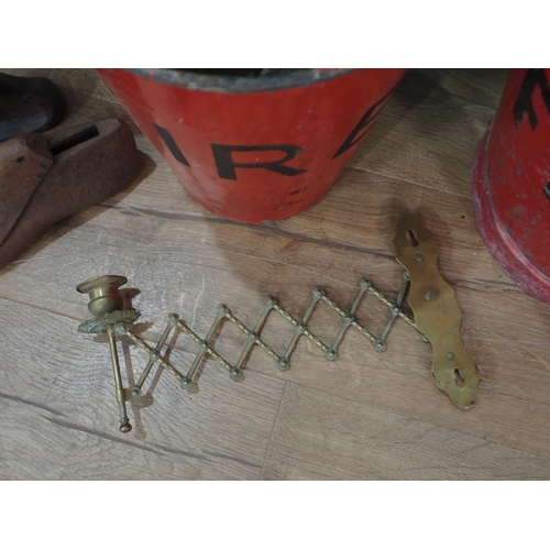 52 - Two metal Fire Buckets, an enamel lidded Bin, a brass Candle Sconce and two metal Shoe Lasts