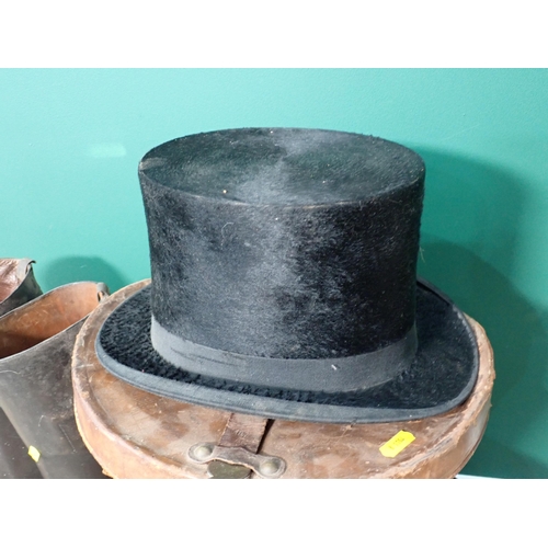 53 - A pair of vintage black leather Riding Boots, a leather Top Hat Box and a birch bark Box