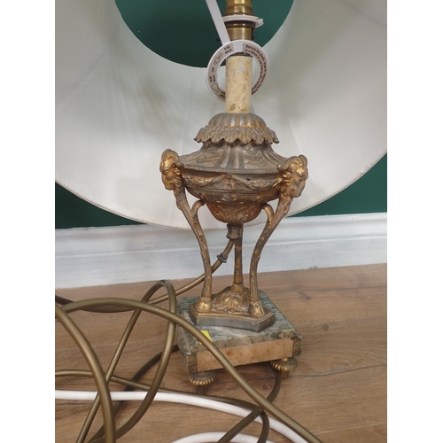 530 - A pair of Neo Classical gilded metal and pink marble Table Lamps and shades 2ft H, failed PAT