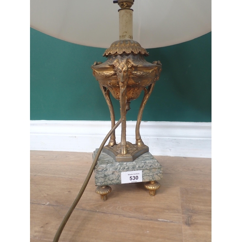 530 - A pair of Neo Classical gilded metal and pink marble Table Lamps and shades 2ft H, failed PAT