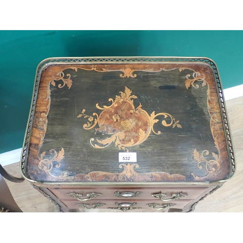 532 - A pair of Continental marquetry Bedside Stands with pierced brass gallery and fitted two drawers wit... 