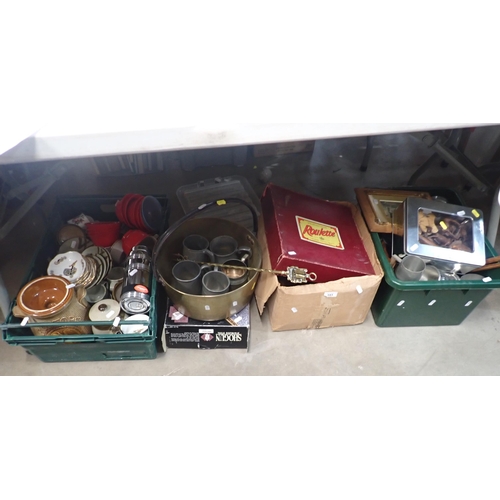 593 - Three boxes including a Chad Valley Roulette Wheel, a brass Jam Pan, a quantity of Tankards, a quant... 