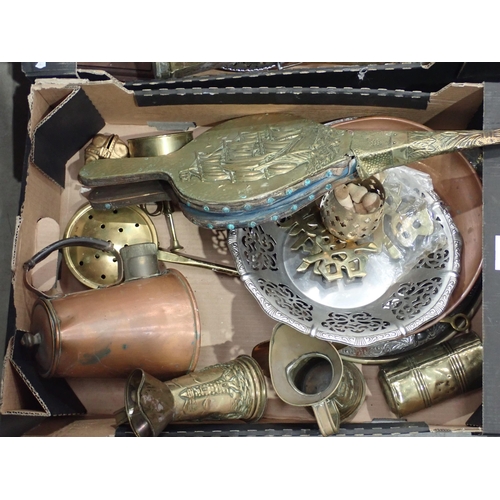 602 - A quantity of Brassware including Jugs, Warming Pan, Bellows, a Model of Coal Mine and also a Walkin... 