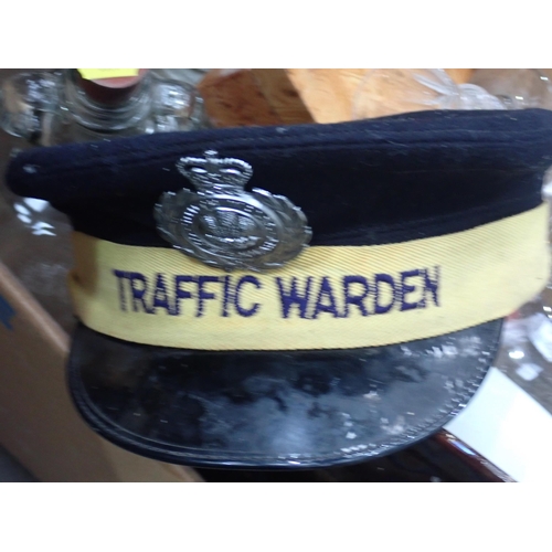 603 - A South Wales Traffic Warden's Cap, size 6 3/4, three glass Demijohns, a Bed Pan, a Jelly Mould, etc