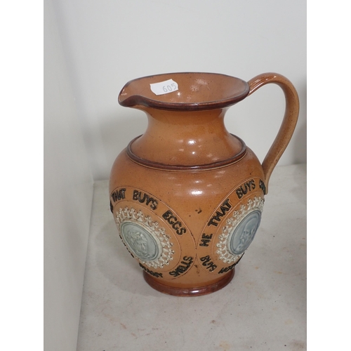 605 - A Doulton Lambeth stoneware domed Chamberstick, 6 1/2in H, depicting monks, damaged, a Royal Doulton... 