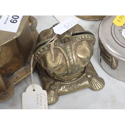 608 - Two figural Money Boxes, a brass bedpost type Money Box, a cast-iron Blackpool Tower Money Bank, a b... 