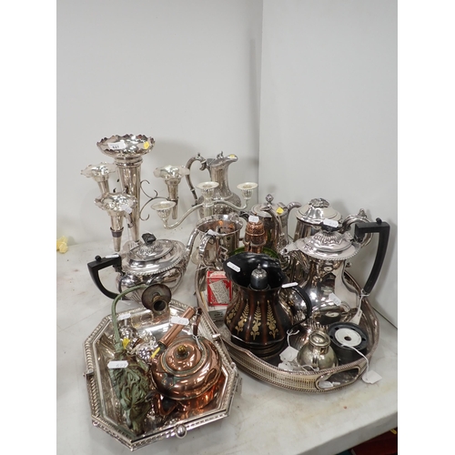 627 - A quantity of plated ware including an Epergne, a Coffee Pot, a Teapot, a Tray, a Basket and a metal... 