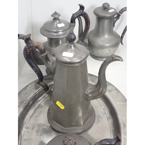 631 - A quantity of pewter ware including an oval Tray, Teapots and Coffee Pots