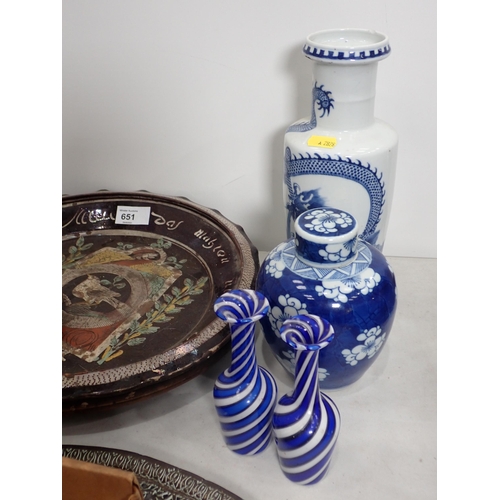 651 - A pierced metal Charger, a Chinese blue and white Vase with dragon design, 10in H, (chipped), a blue... 