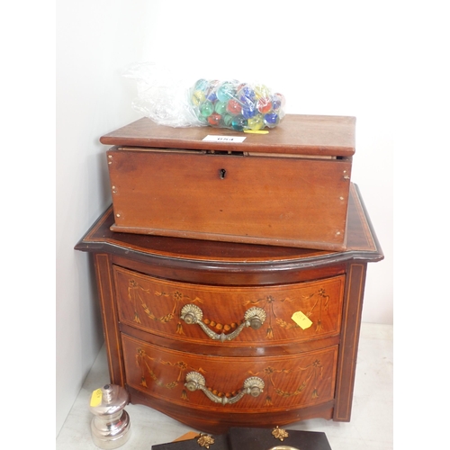 654 - A small wooden Cabinet fitted two drawers (possibly formerly part of a dressing table), a Sewing Box... 