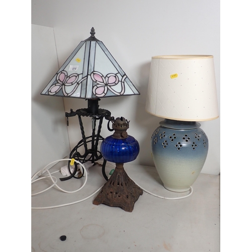 670 - A wrought iron Table Lamp with decorative hexagonal shade, a pottery Table Lamp (both passed PAT), a... 