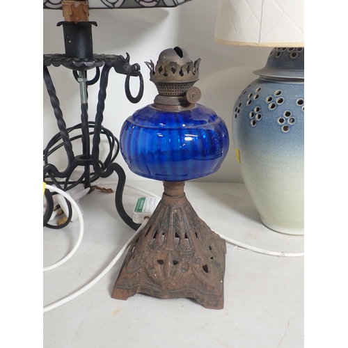 670 - A wrought iron Table Lamp with decorative hexagonal shade, a pottery Table Lamp (both passed PAT), a... 