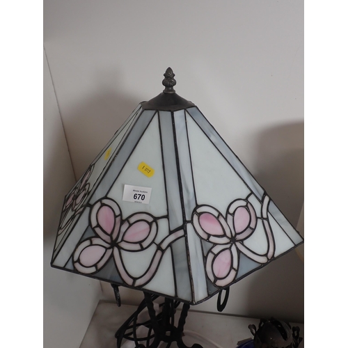 670 - A wrought iron Table Lamp with decorative hexagonal shade, a pottery Table Lamp (both passed PAT), a... 