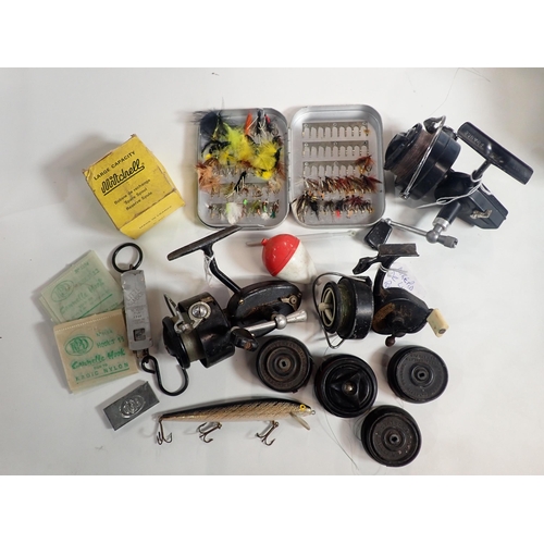 675 - A quantity of Fishing Items including fixed spool reels, tin of Fly's, weights, hooks etc