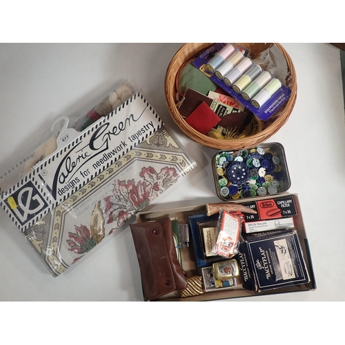 677 - A tray of Vestas, Lighters, Tobacco Case, a Valerie Green Tapestry Set, an a circular Sewing Basket