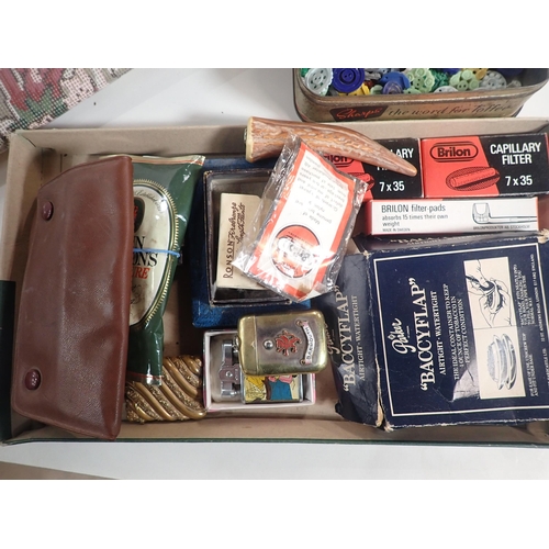 677 - A tray of Vestas, Lighters, Tobacco Case, a Valerie Green Tapestry Set, an a circular Sewing Basket